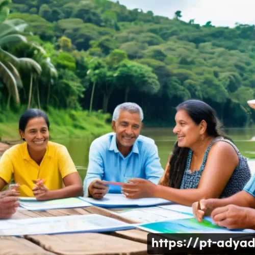 물 자원 관리와 생태계 보호의 균형 - A vibrant community meeting outdoors in a Brazilian riverside town, with diverse local people includ...