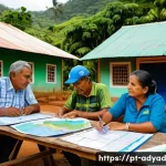 물 안보를 위한 협력 모델 제안 - A vibrant community workshop scene in a small Brazilian town, showing diverse local residents—men, w...