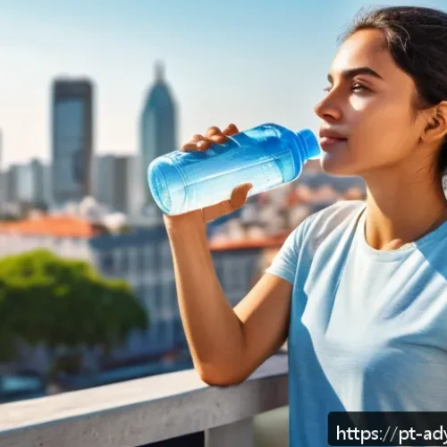물 안보와 건강의 상관관계 - A detailed illustration of a young adult woman at a sunny outdoor workplace, lightly perspiring and ...