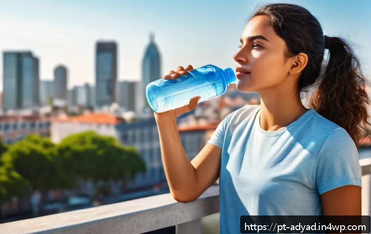 물 안보와 건강의 상관관계 - A detailed illustration of a young adult woman at a sunny outdoor workplace, lightly perspiring and ...