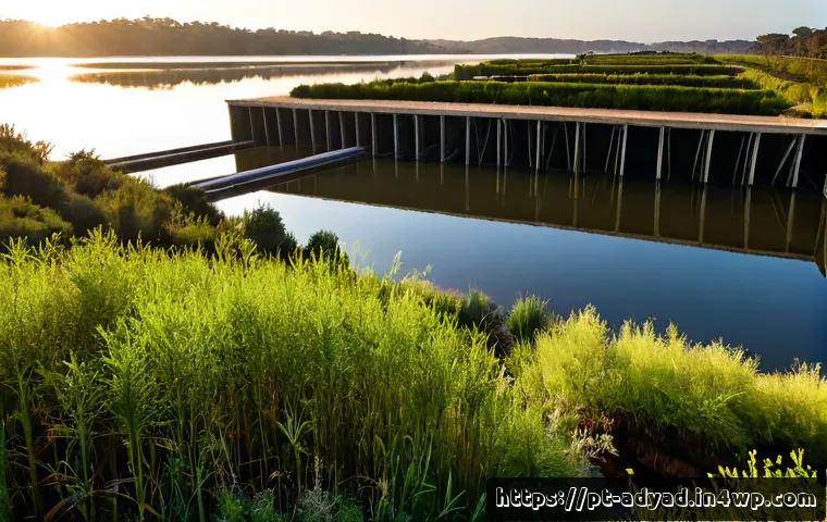Home 17 물 안보와 생태계 서비스 - Photorealistic wide landscape of a protected freshwater reservoir in Portugal at sunrise, calm clear...